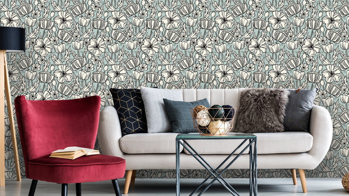 TAPETE POPPY SKIZZE TEAL – BLAU