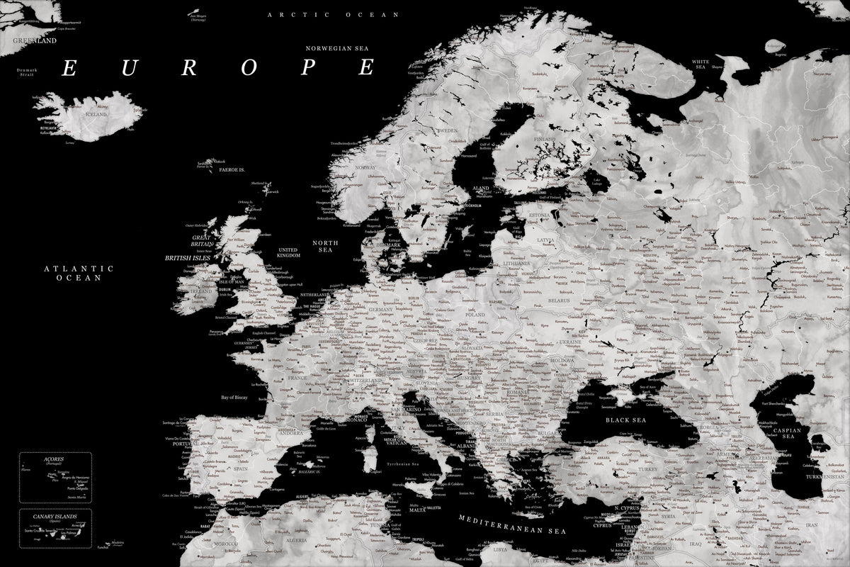 Black and grey detailed map of Europe
