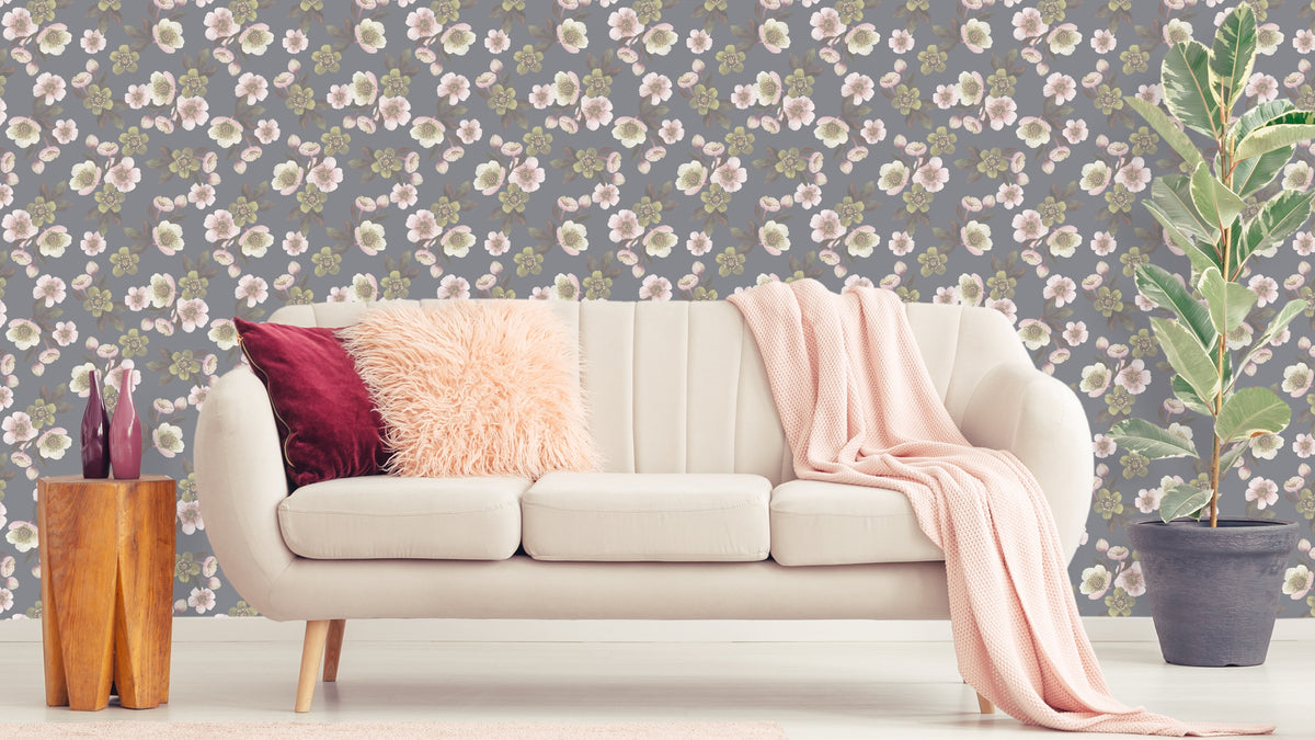 WALLPAPER HELLEBORES SLATE - GRAY