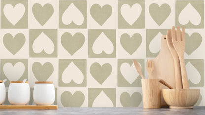 TAPET CHECKERED HEARTS PISTACHIO - PISTAGEGRÖN