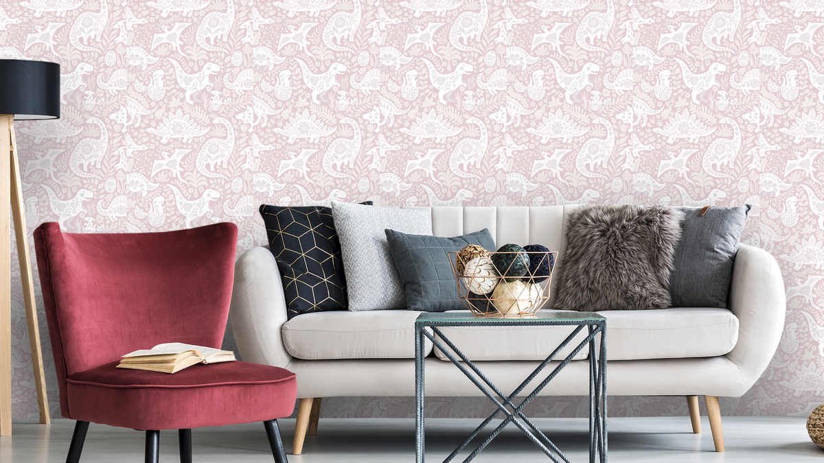 TAPETE VOLKSKUNST DINOSAURIER – HALBTROPFEN ROSA – ROSA