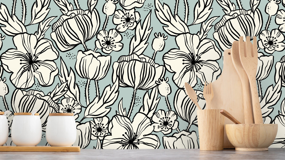TAPETE POPPY SKIZZE TEAL – BLAU