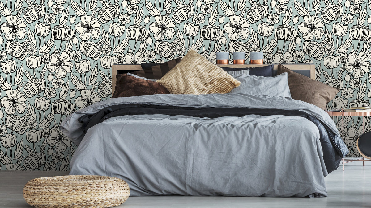 TAPETE POPPY SKIZZE TEAL – BLAU