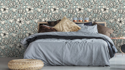 TAPETE POPPY SKIZZE TEAL – BLAU