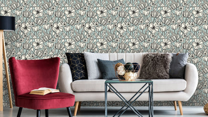 TAPETE POPPY SKIZZE TEAL – BLAU