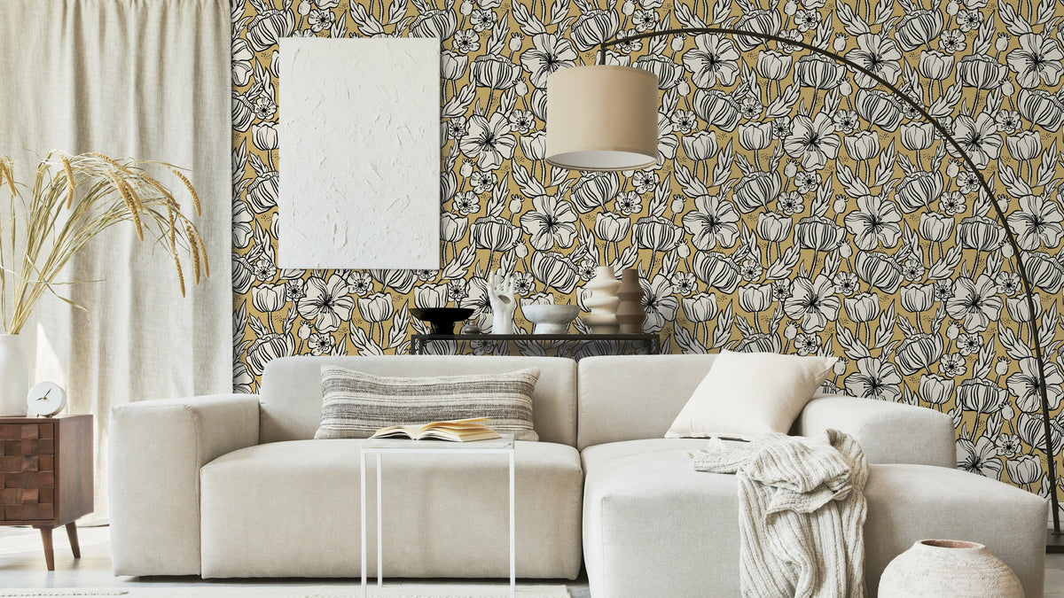 WALLPAPER POPPY SKETCH OCHRE - YELLOW
