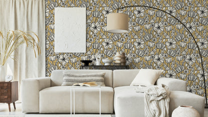 WALLPAPER POPPY SKETCH OCHRE - YELLOW