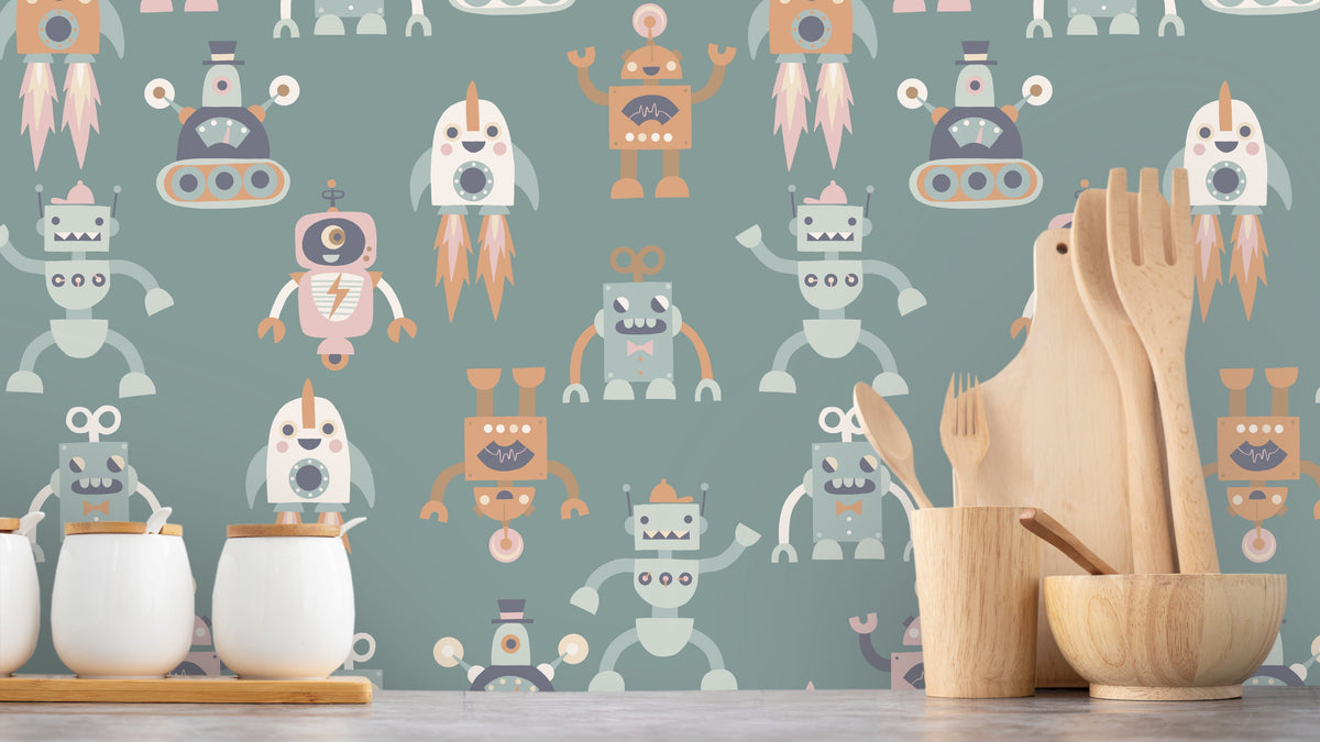 WALLPAPER ROBOT DANCE - DARK GREEN