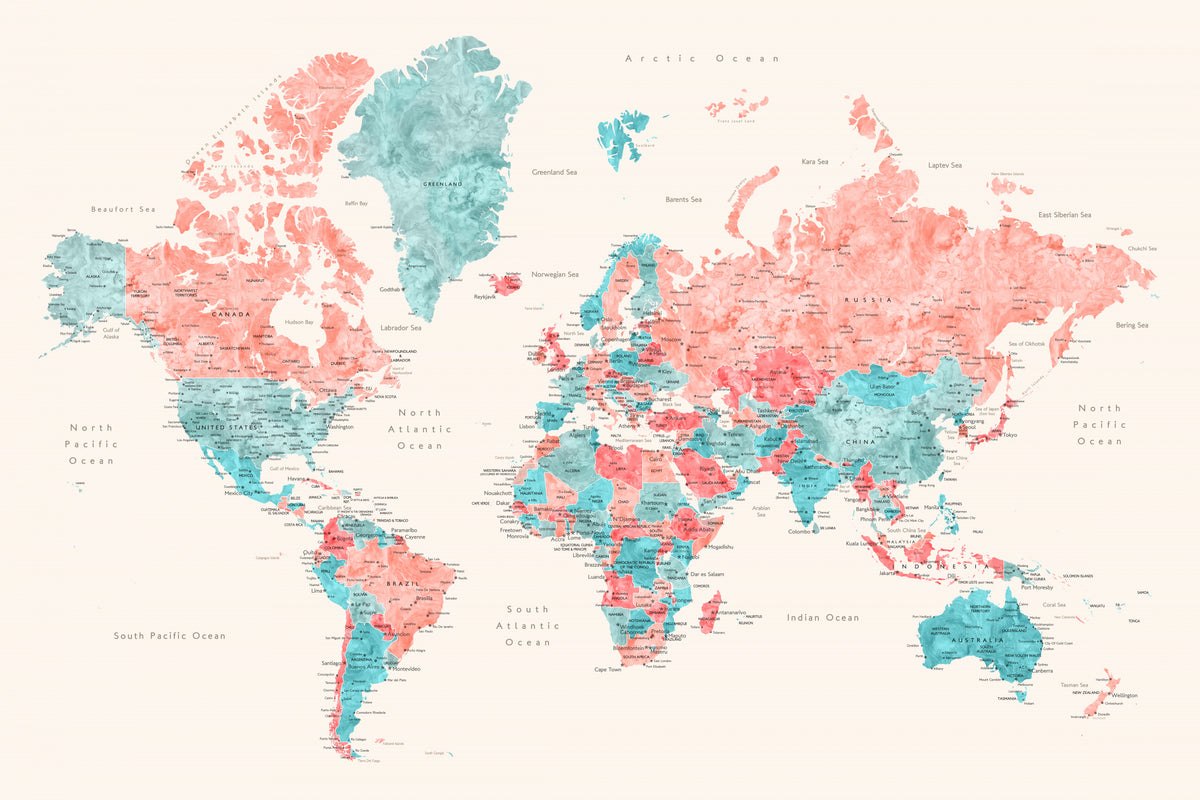 Watercolor world map with cities, Charlotte