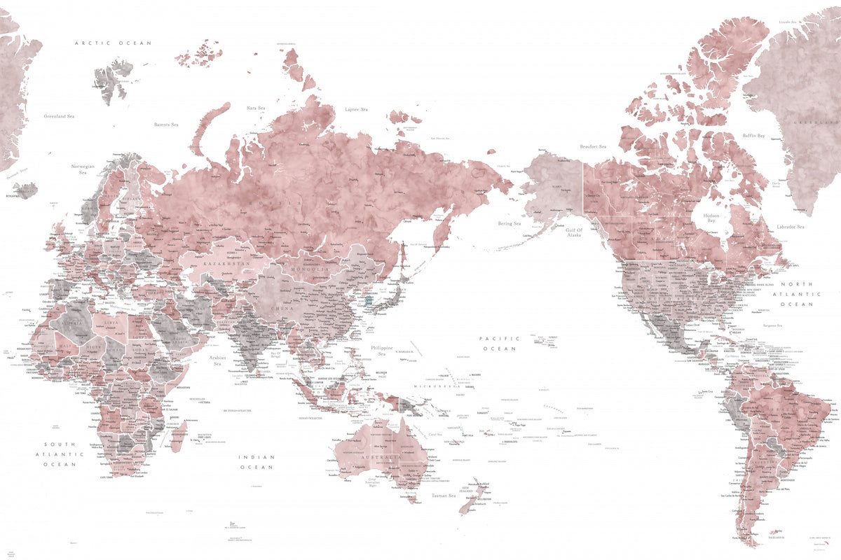 Pacific centered world map in dusty pink