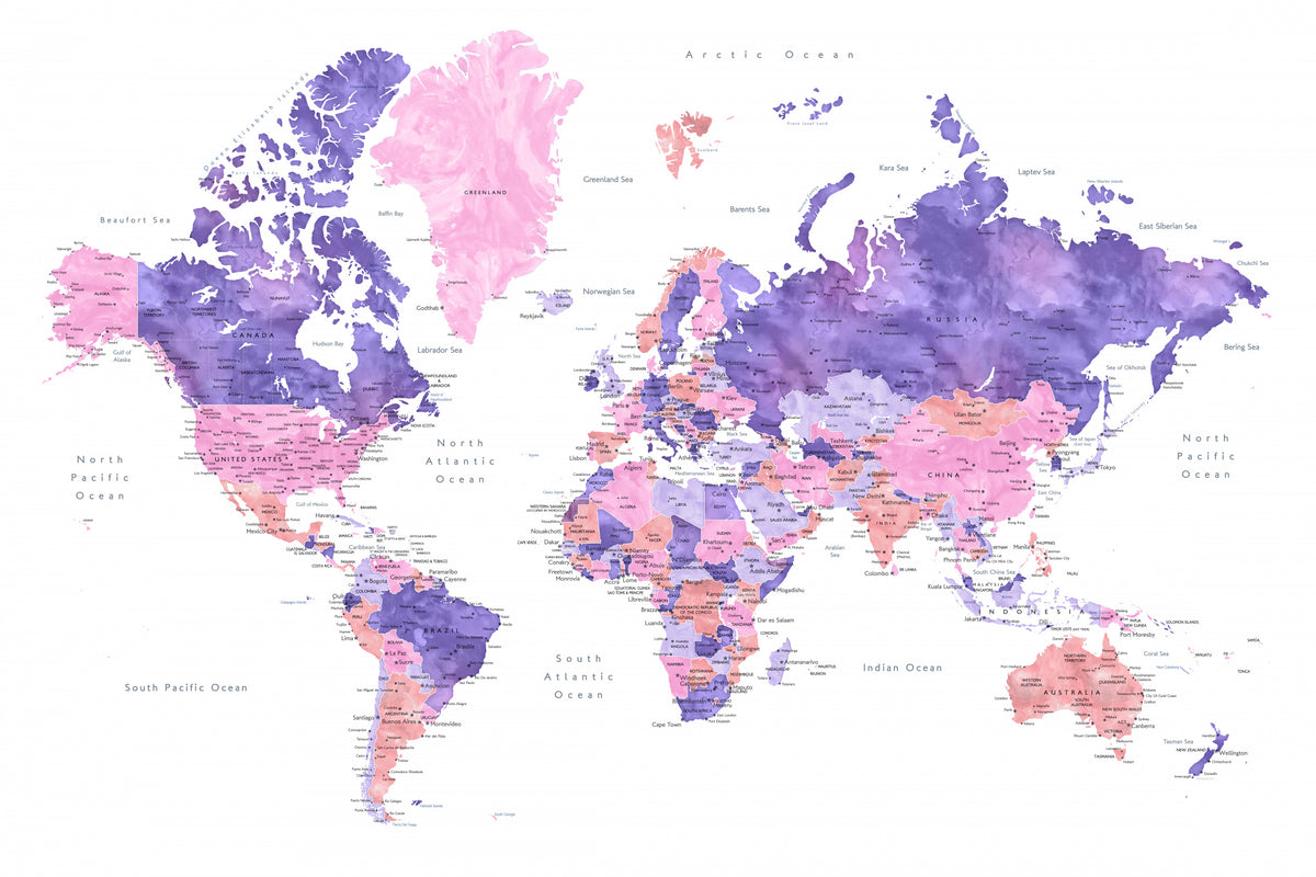 Watercolor world map with cities, Brandie
