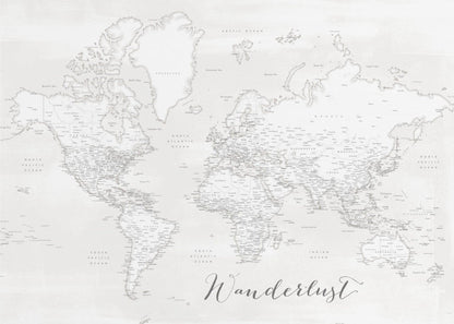 Wanderlust, detailed world map with cities, Maeli white