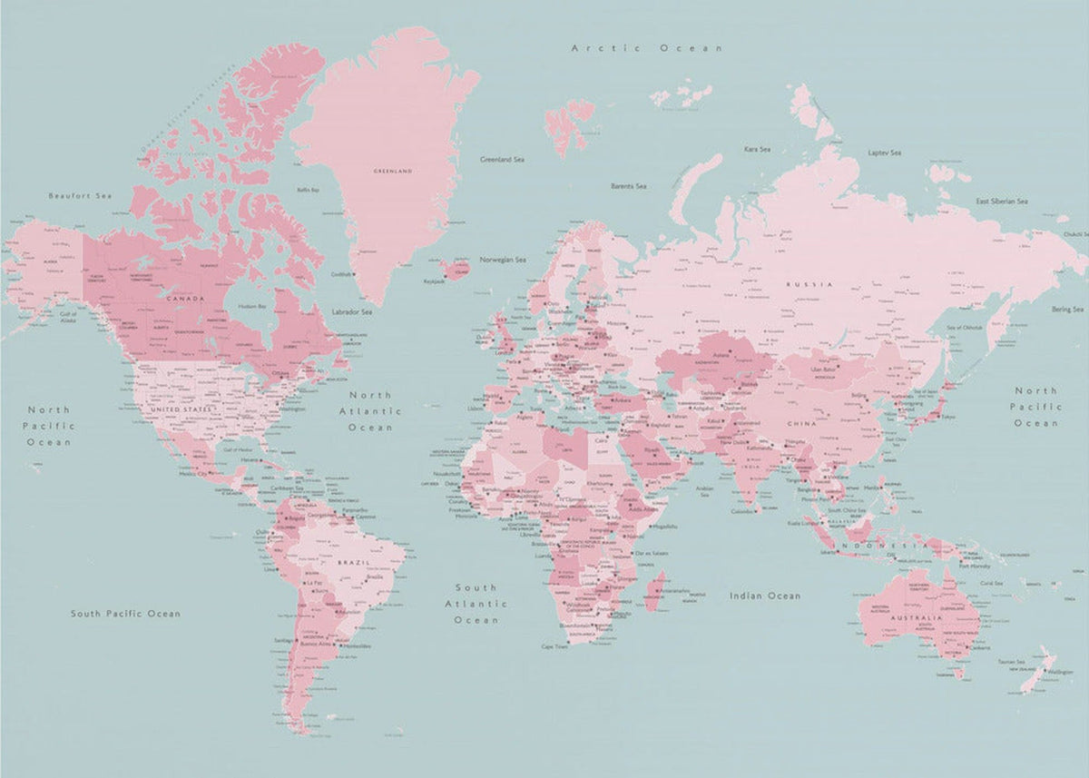 Pink and aqua world map with cities, Isobel