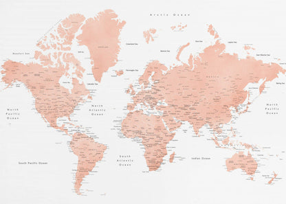 Rose gold world map with cities, Hadi
